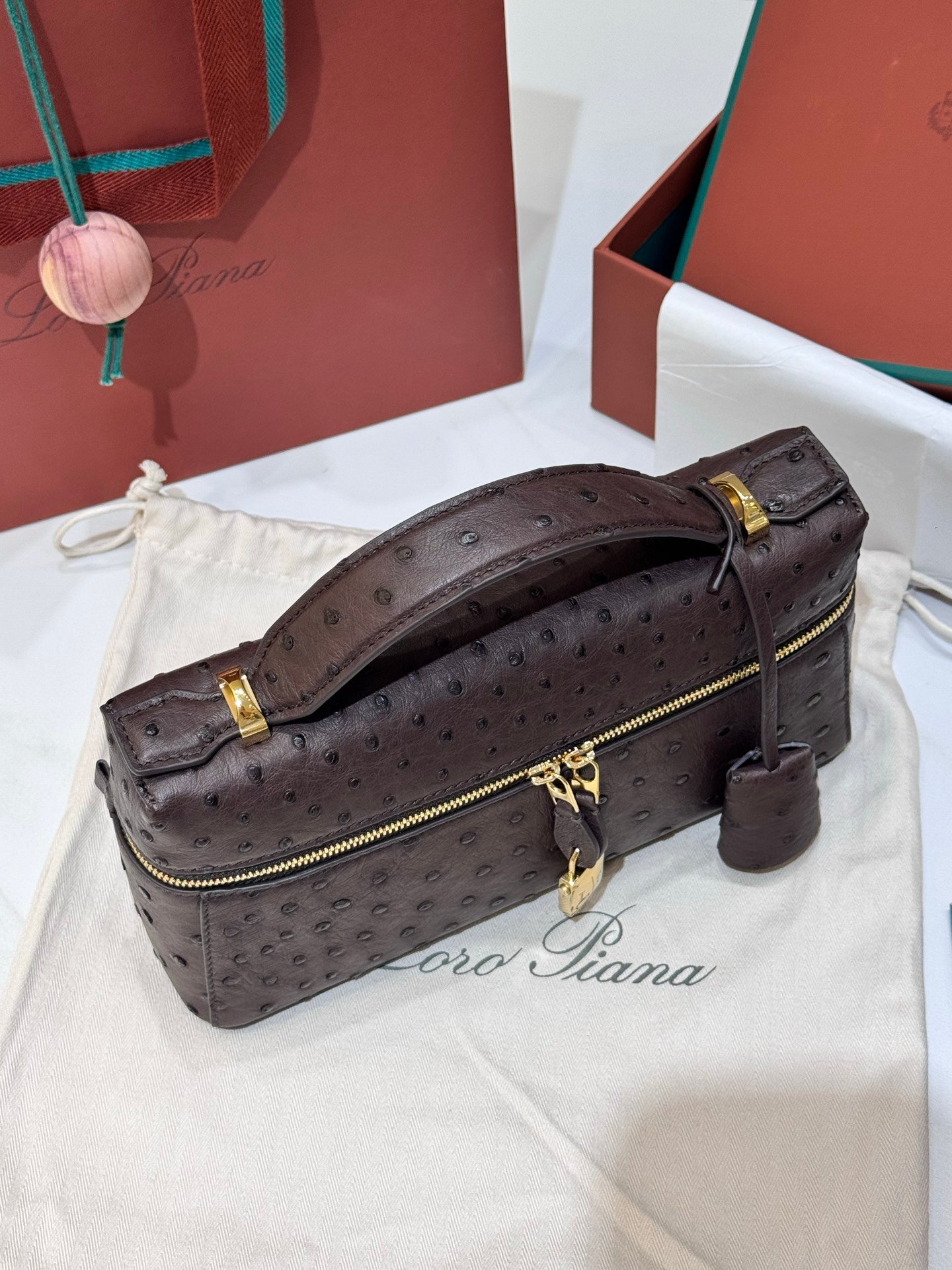 Loro Piana L23 Extra Bag 23cm Ostrich-Effect Calfskin Top-Handle Vanity Bag and Crossbody for Women Loro Piana L23 Extra Bag 23cm Ostrich-Effect Calfskin Top-Handle Vanity Bag and Crossbody for Women