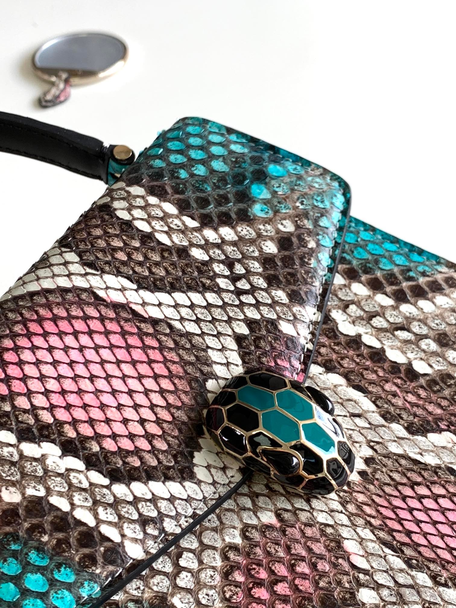 BVLGARI Serpenti Forever Luxury Python Leather Handbag 18cm Exclusive Multi-Color Exotic Shoulder Bag with Iconic Jewel Snakehead Closure BVLGARI Serpenti Forever Luxury Python Leather Handbag 18cm Exclusive Multi-Color Exotic Shoulder Bag with Iconic Jewel Snakehead Closure