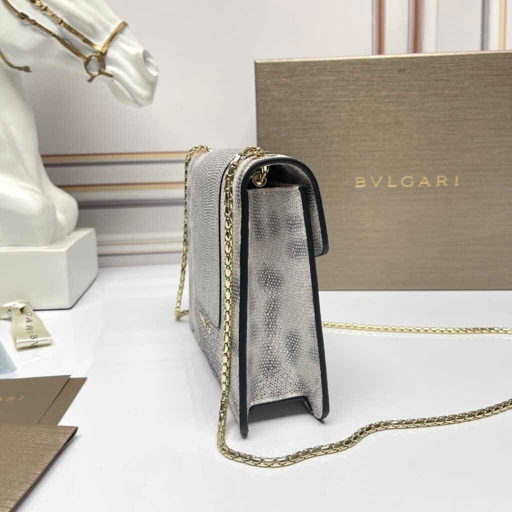 BVLGARI Serpenti Forever Silver-White Karung Skin Shoulder Bag Snakeskin Crossbody Handbag 20cm – Image 4