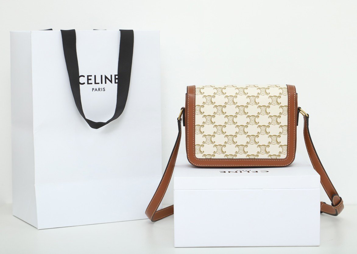 CELINE Teen Triomphe Bag 18.5cm Textile and Calfskin Designer Crossbody Shoulder Bag for Women 4 Colors 4