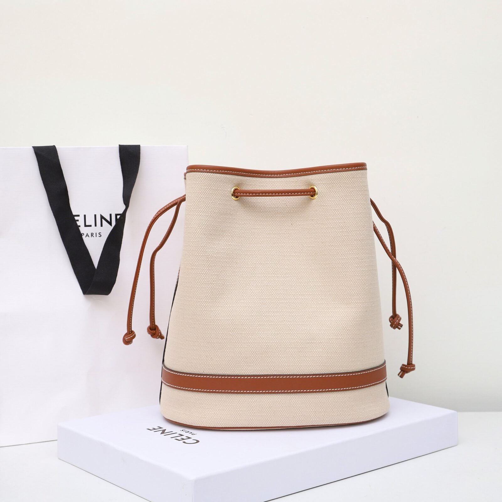 Premium Celine Triomphe Canvas and Leather Bucket Bag 25x28cm Vintage 3D Relief Logo Drawstring Shoulder Bag 4