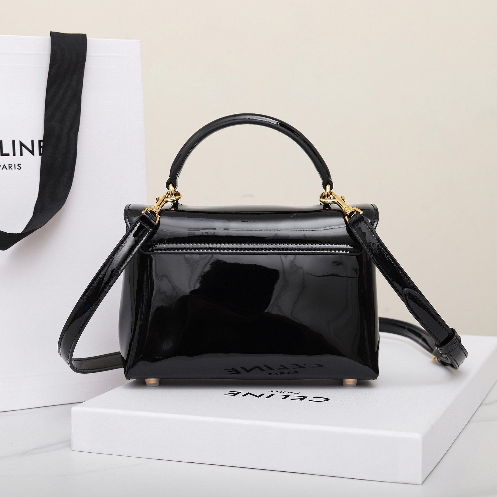 CELINE Triomphe Mirror Patent Leather Top Handle Bag 20cm Calfskin Small Trapezoid Kelly Handbag Crossbody Shoulder Purse 4