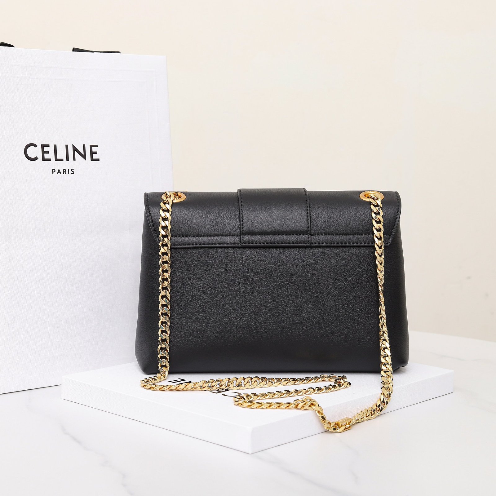 Celine Triomphe Chain Bag 25cm Supple Calfskin and Signature Canvas Medium Flap Shoulder Bag with Gold-Tone Hardware 4