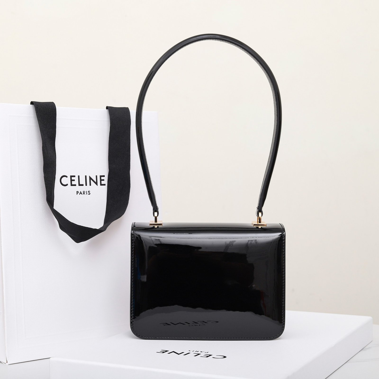 CELINE Teen Triomphe Bag Shiny Patent Calfskin Luxury Designer Shoulder Bag Gold Triomphe Clasp Crossbody 4