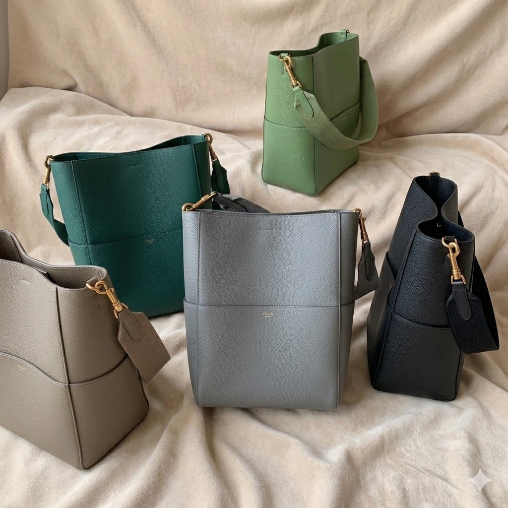 CELINE Sangle Bucket Bag 23x33cm Soft Grained Calfskin Leather Large Shoulder Tote with Removable Wool Strap for Work and Travel 46