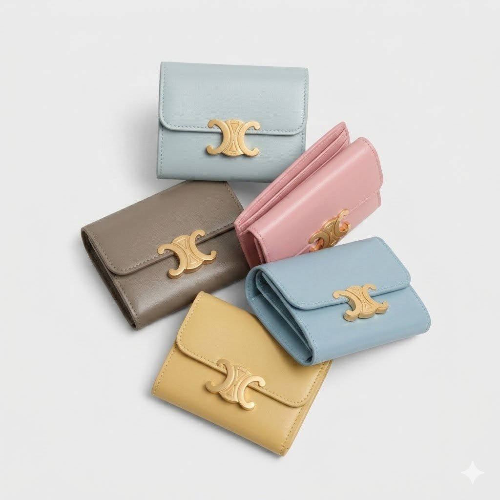 CELINE TRIOMPHE Compact Wallet Shiny Calfskin 5 Colors Small Wallets for Mini Bags – Image 1