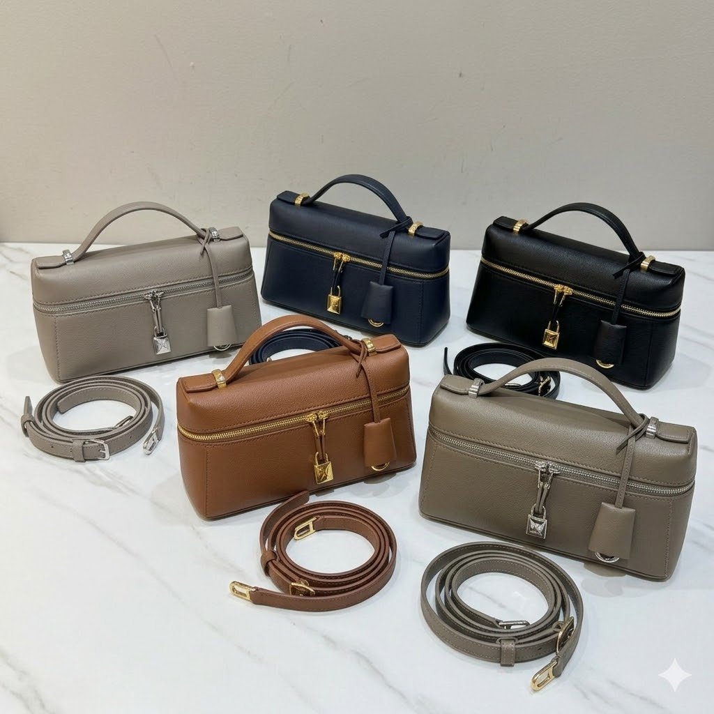 Loro Piana Extra Bag L23 Calfskin Leather Top Handle Bag 23cm Crossbody Handbag with Signature Padlock Charms and Adjustable Strap Loro Piana Extra Bag L23 Calfskin Leather Top Handle Bag 23cm Crossbody Handbag with Signature Padlock Charms and Adjustable Strap