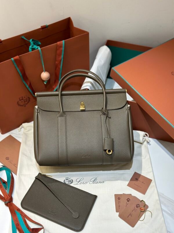 46 Loro Piana Loom L32 Grained Calfskin Handbag 33cm Designer Tote Bag with Padlock & Pouch