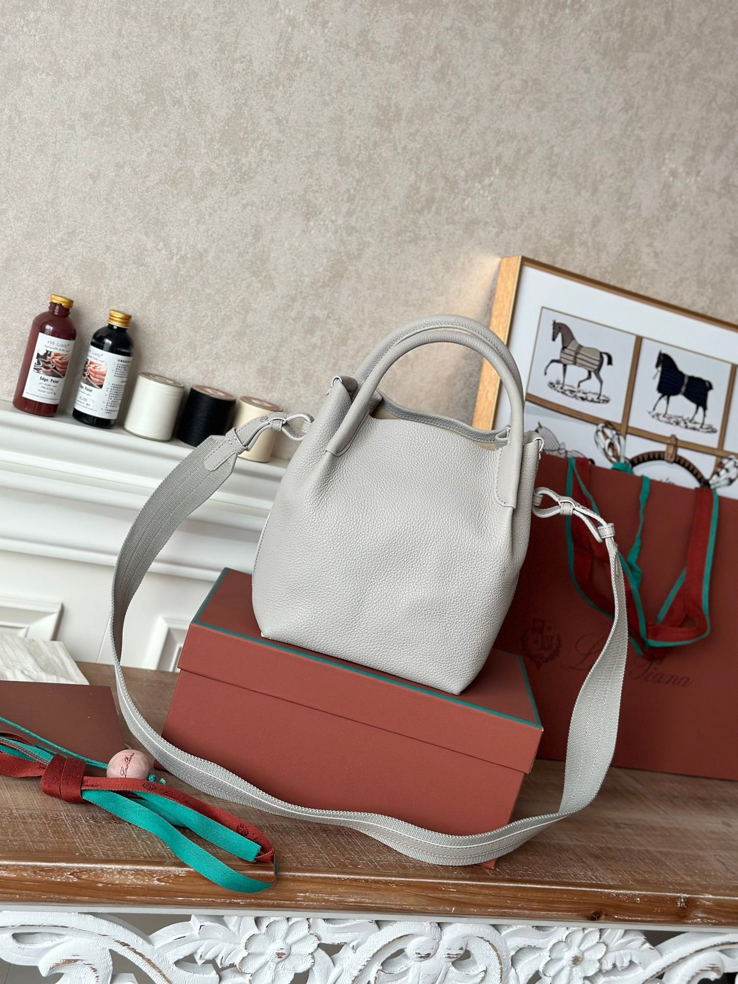 Loro Piana Medium Bale Bag Grained Calfskin Minimalist Bucket Bag with Detachable Shoulder Strap 6 Colors