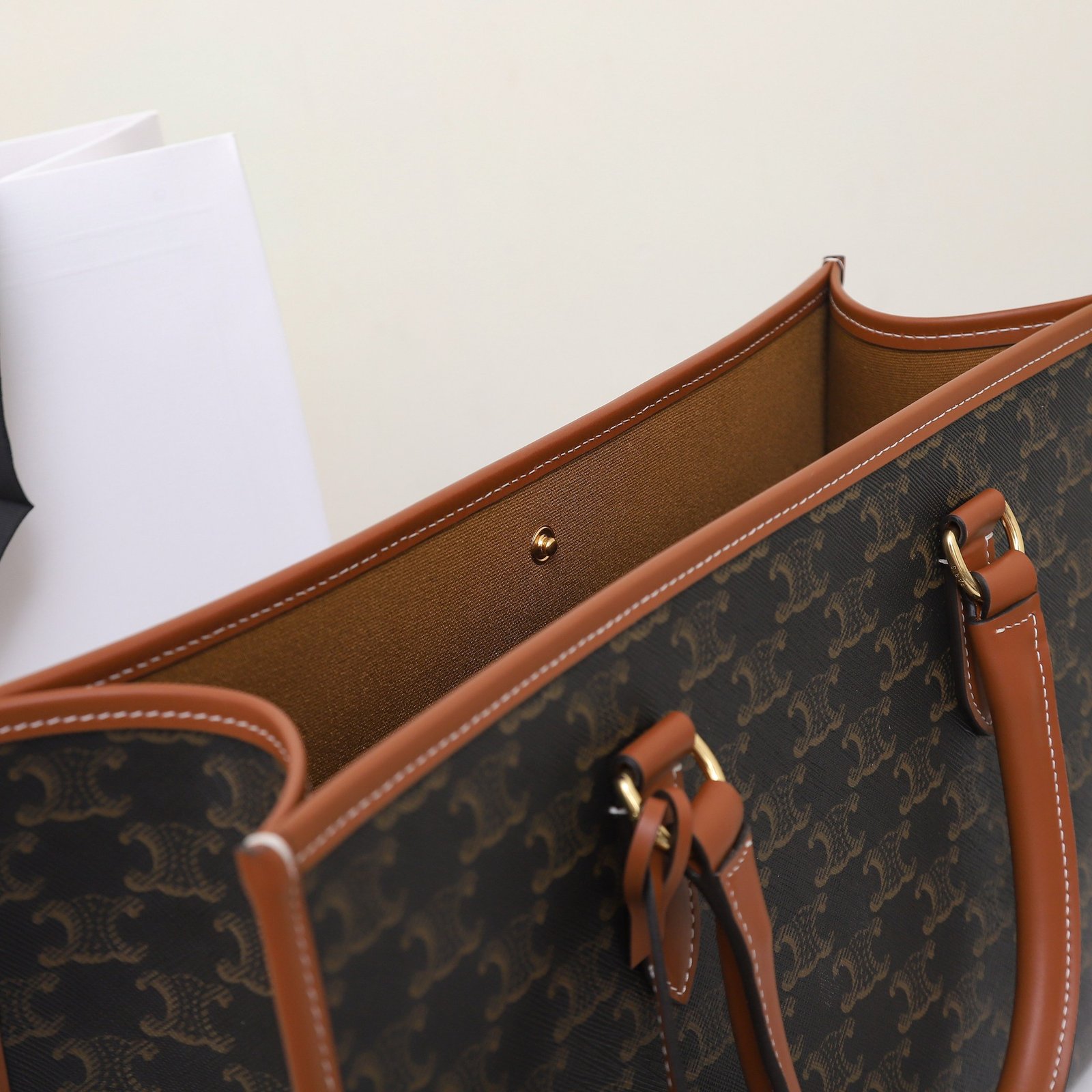 CELINE Horizontal Cabas Tote Bag 35cm Triomphe Canvas and Calfskin Leather Crossbody and Handbag with Strap 5