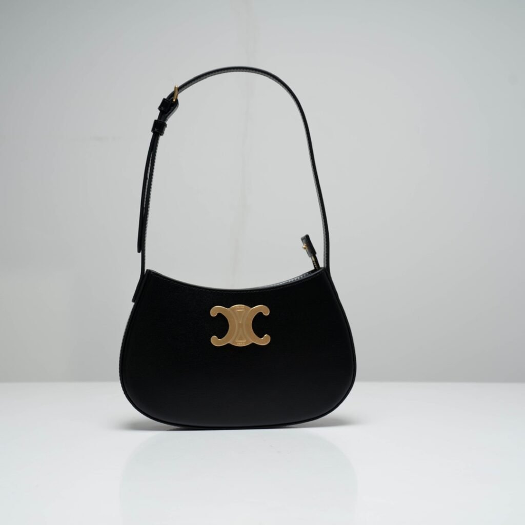 CELINE TILLY Bag 2024 Shiny Calfskin & Triomphe Canvas Shoulder Bag Black/Tan 23cm – Image 4