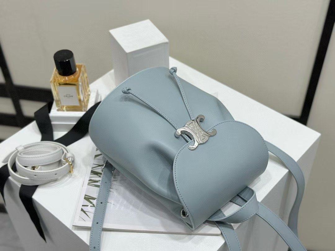 Celine Small Triomphe Backpack Shiny Calfskin Pale Blue Mini Rucksack for Women – Image 5 Celine Small Triomphe Backpack Shiny Calfskin Pale Blue Mini Rucksack for Women – Image 5