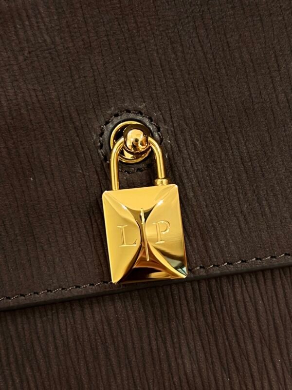 Loro Piana Loom L32 Handbag 33cm Dark Brown Grained Calfskin Leather Tote with Signature Gold Padlock and Key