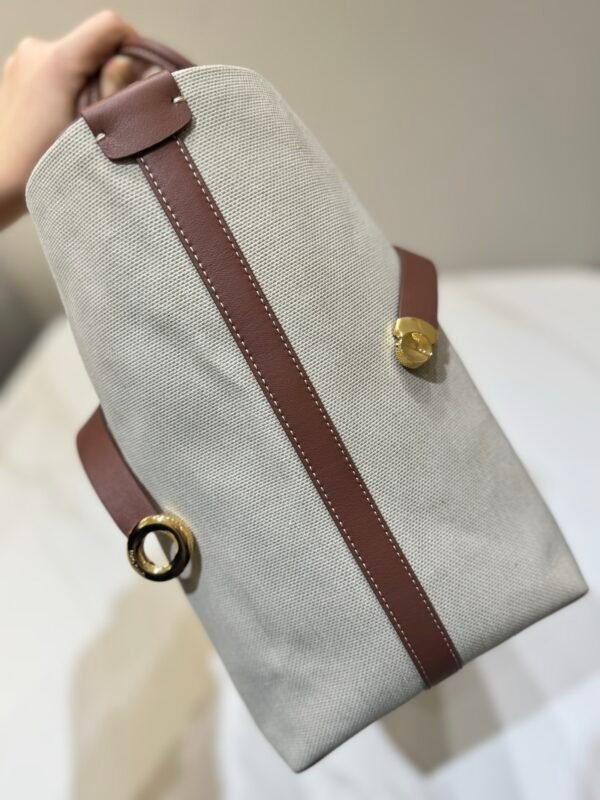 Loro Piana Ghiera Shopper Large Canvas Tote Bag 40cm Shoulder Bag for Work and Travel with Grained Leather Trim
