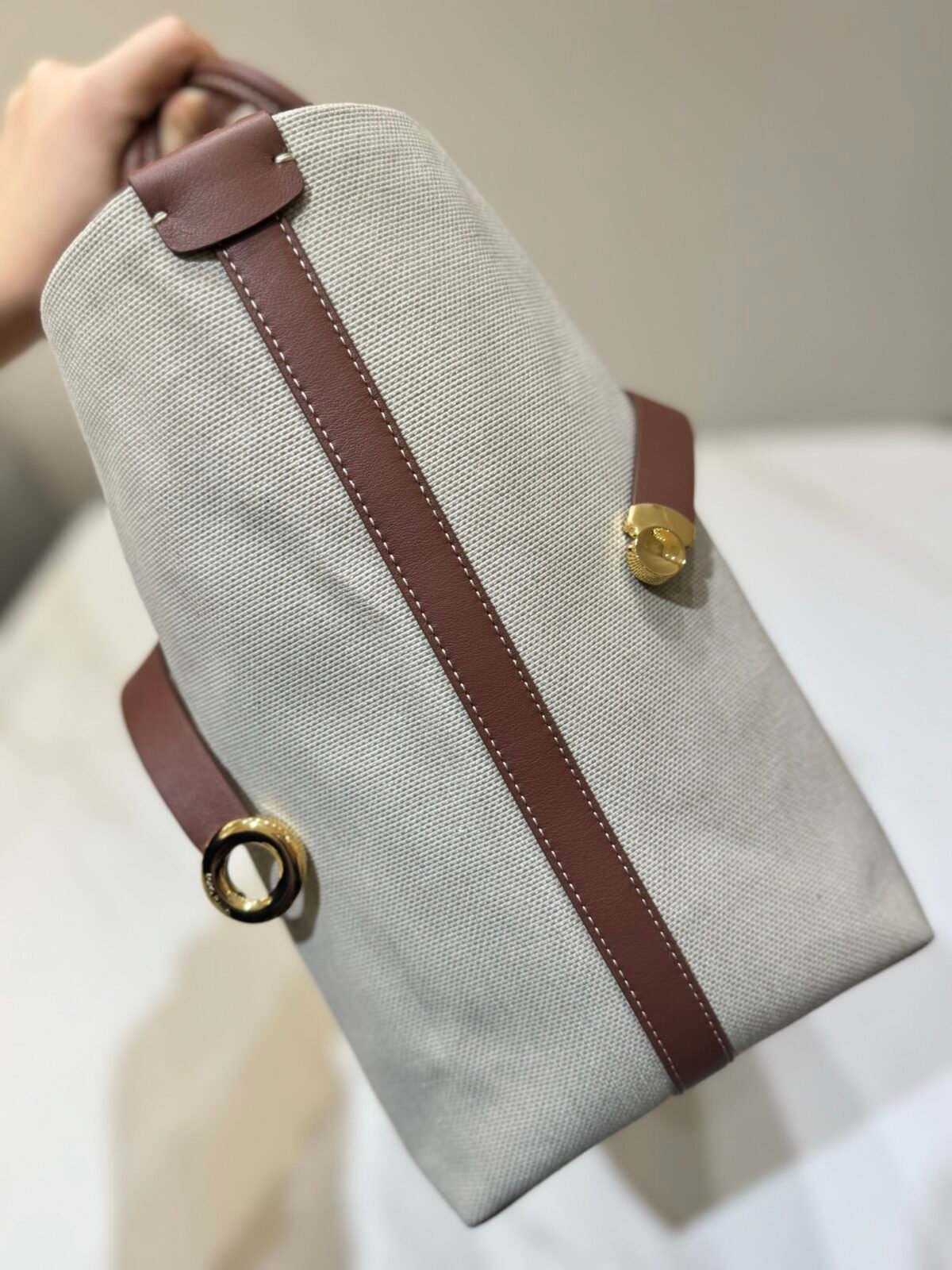 Loro Piana Ghiera Shopper Large Canvas Tote Bag 40cm Shoulder Bag for Work and Travel with Grained Leather Trim