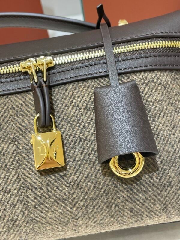 Loro Piana Extra Softy L33 Bag 33cm Herringbone Wool and Chocolate Grainy Leather Women’s Elongated Crossbody Handbag