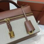 Loro Piana Extra Bag L23 Caramel Leather & Linen Canvas Crossbody Handbag 23cm for Women Top-Handle Bag with Signature Charms Loro Piana Extra Bag L23 Caramel Leather & Linen Canvas Crossbody Handbag 23cm for Women Top-Handle Bag with Signature Charms