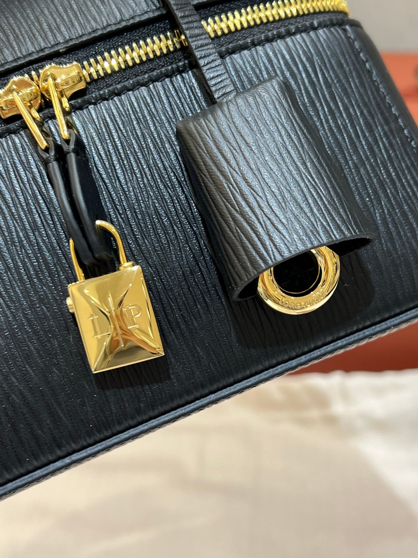 Loro Piana L23 Extra Handbag 23cm Black Textured Leather Minimalist Shoulder Bag with Gold Hardware and Gift Box Loro Piana L23 Extra Handbag 23cm Black Textured Leather Minimalist Shoulder Bag with Gold Hardware and Gift Box