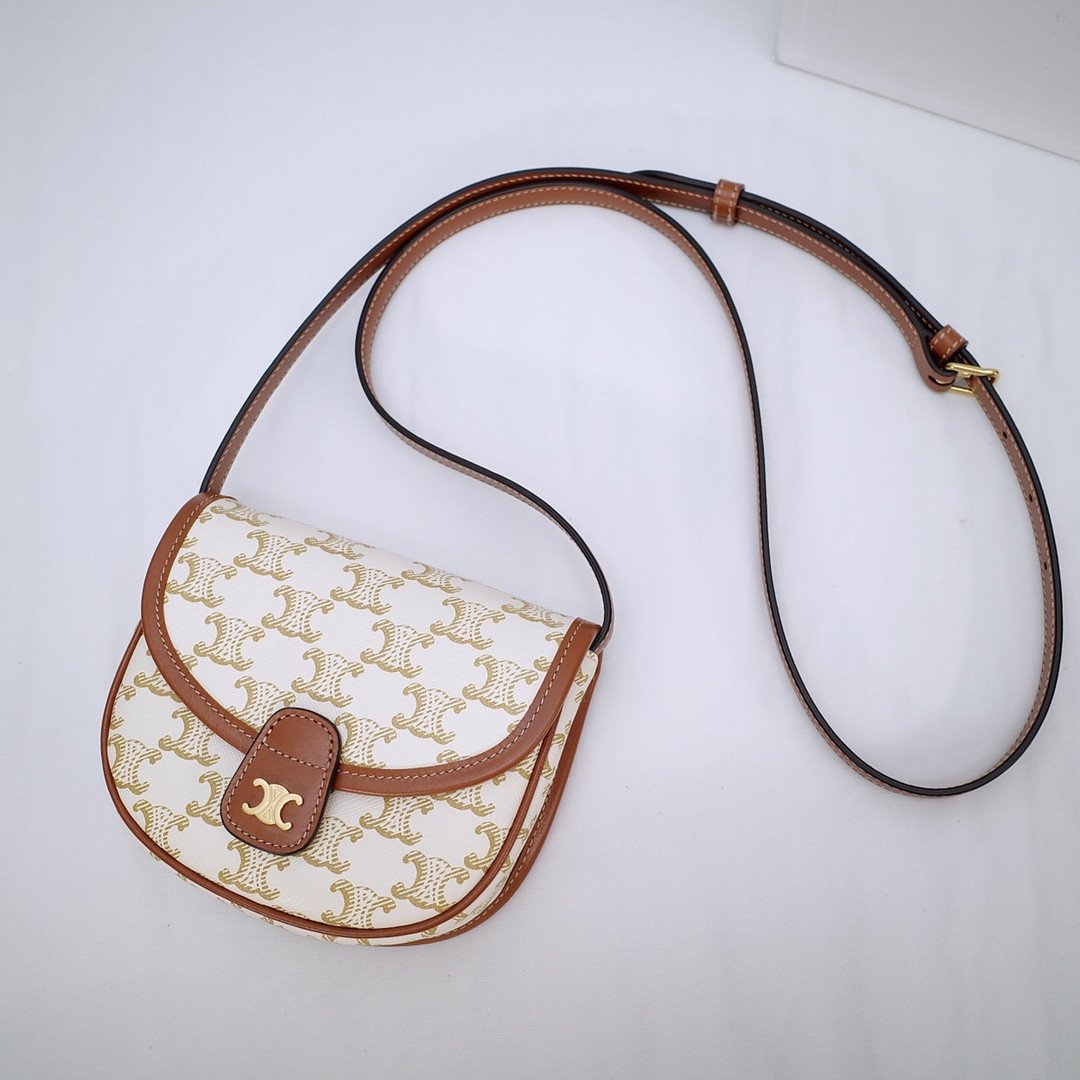 Celine Mini Besace Bag 15cm Triomphe Canvas and Calfskin Classic Tan & White Monogram Crossbody Shoulder Bag 5