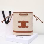Premium Celine Triomphe Canvas and Leather Bucket Bag 25x28cm Vintage 3D Relief Logo Drawstring Shoulder Bag 5