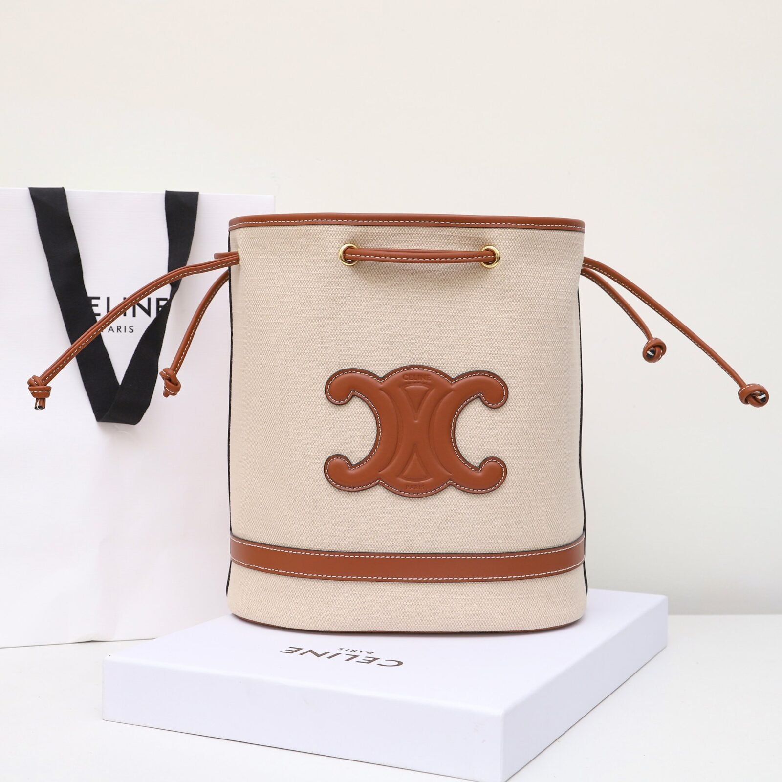 Premium Celine Triomphe Canvas and Leather Bucket Bag 25x28cm Vintage 3D Relief Logo Drawstring Shoulder Bag 5