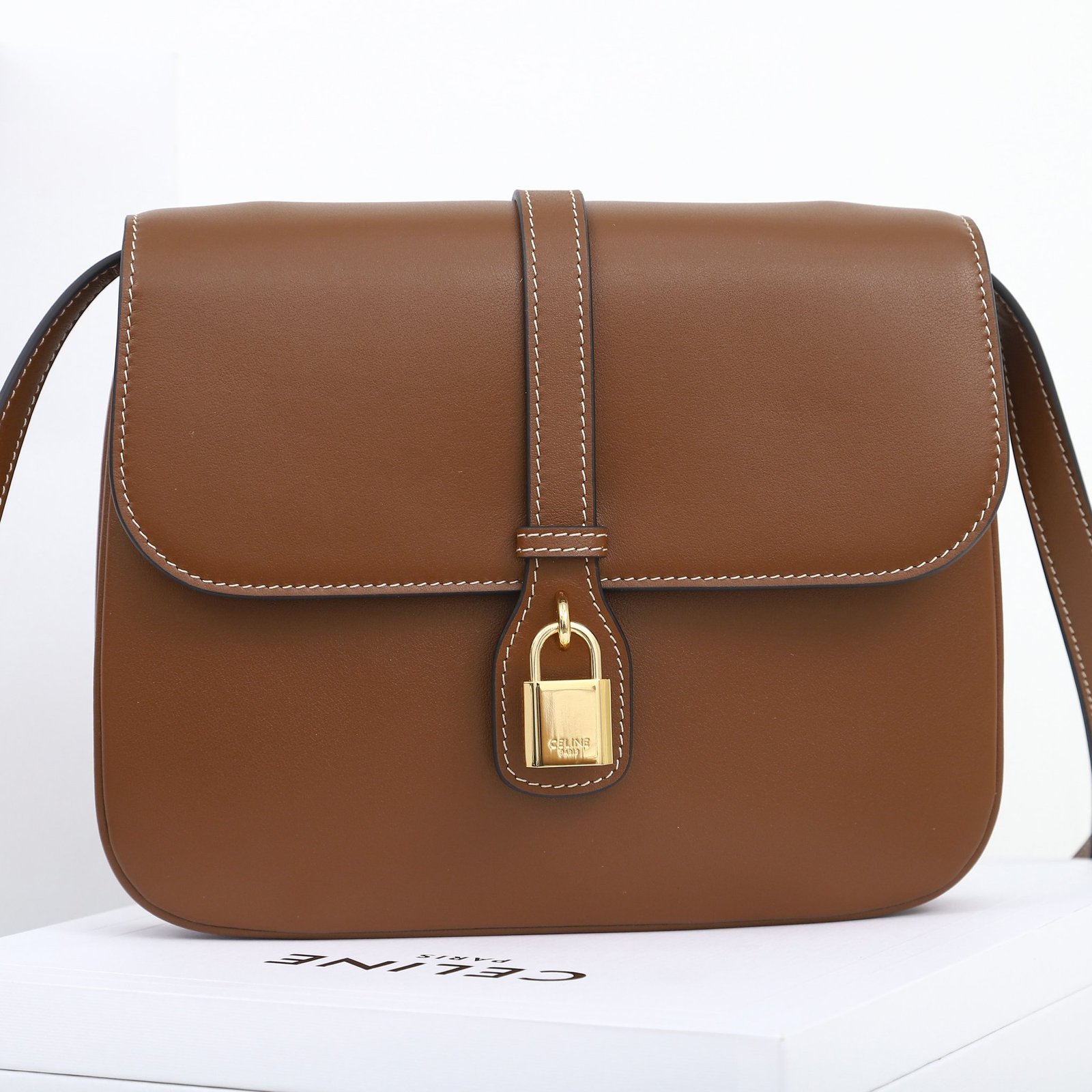 CELINE TABOU Medium Shoulder Bag 22cm Smooth Tan Calfskin Vintage Inspired Crossbody Bag with Gold Padlock Hardware 5