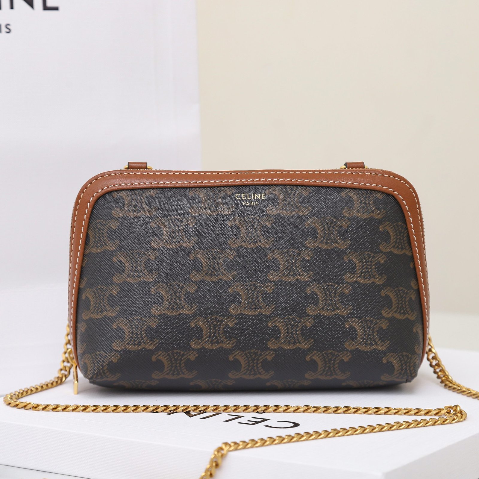 CELINE Triomphe Canvas and Calfskin Mini Chain Clutch Bag Italian Leather Shell Pouch for Women Crossbody Shoulder Bag 5