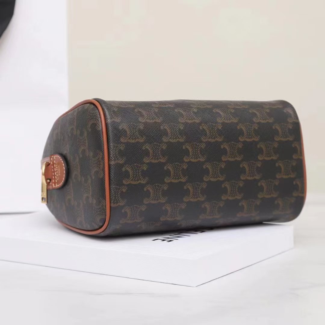 CELINE Small Boston Bag Triomphe Canvas and Calfskin Vintage Monogram Handbag Tan Crossbody Bag with Strap 5