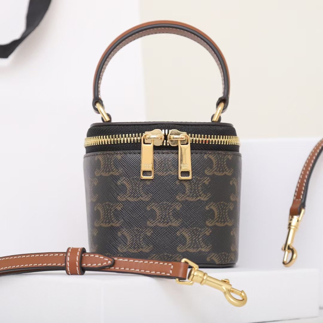 CELINE Mini Vanity Case 9.5cm Triomphe Canvas with Calfskin Leather Small Crossbody Vanity Box Bag 5