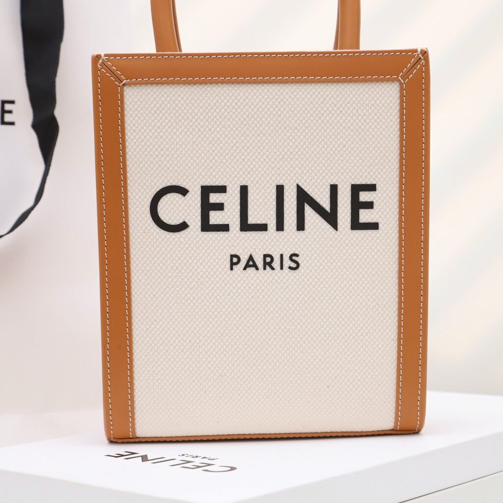 Celine Mini Vertical Cabas Tote Bag 17x21cm Textile and Calfskin Tan/White Handbag – Image 5