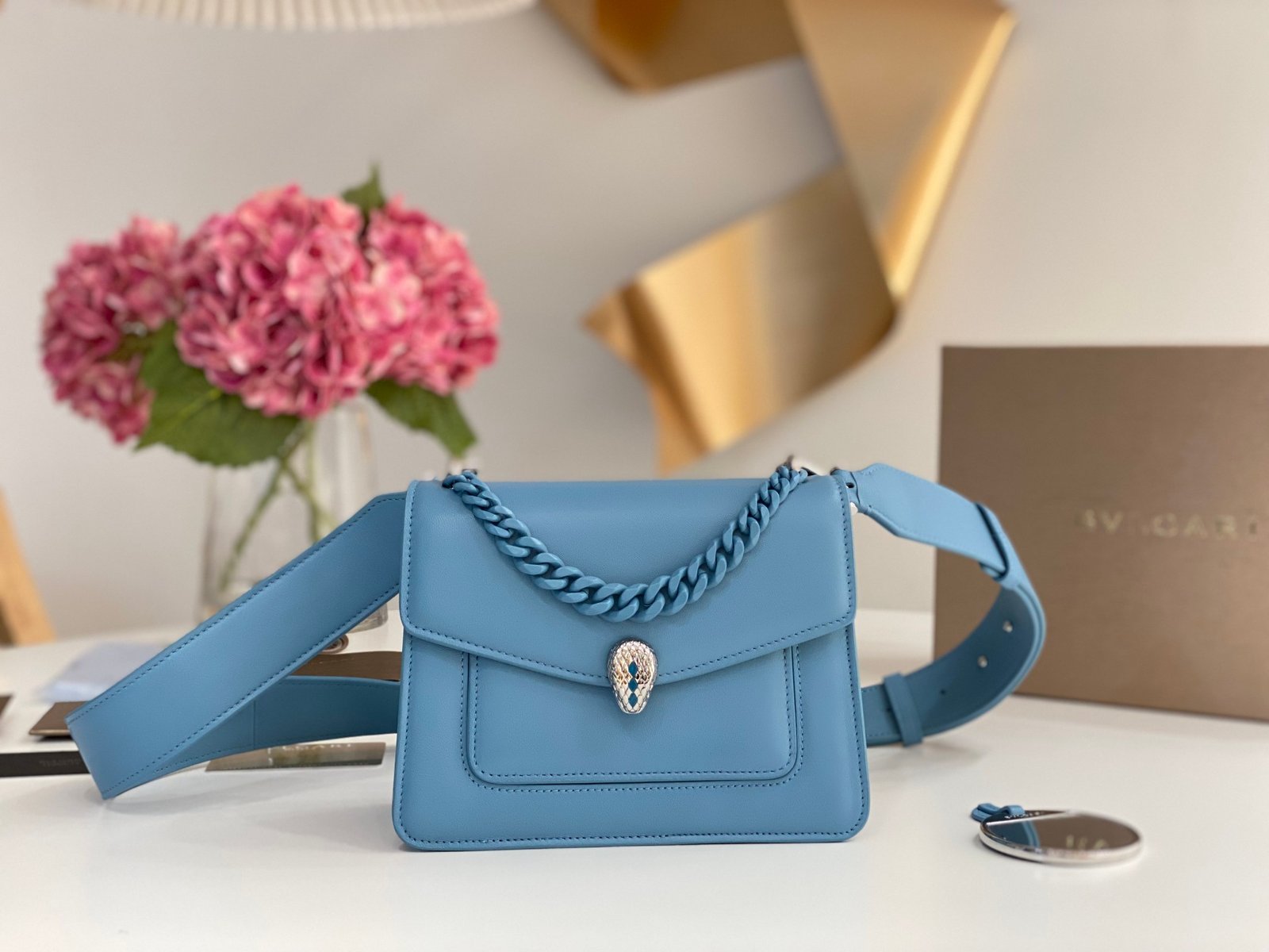 BVLGARI Serpenti Forever Lambskin Crossbody Bag 20cm Luxury Iconic Snakehead Shoulder Bag with Detachable Wide Strap