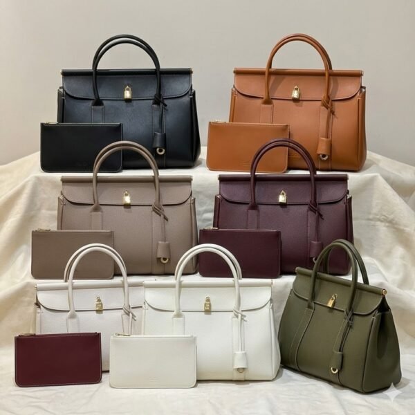 55 Loro Piana Loom L32 Grained Calfskin Handbag 33cm Designer Tote Bag with Padlock & Pouch