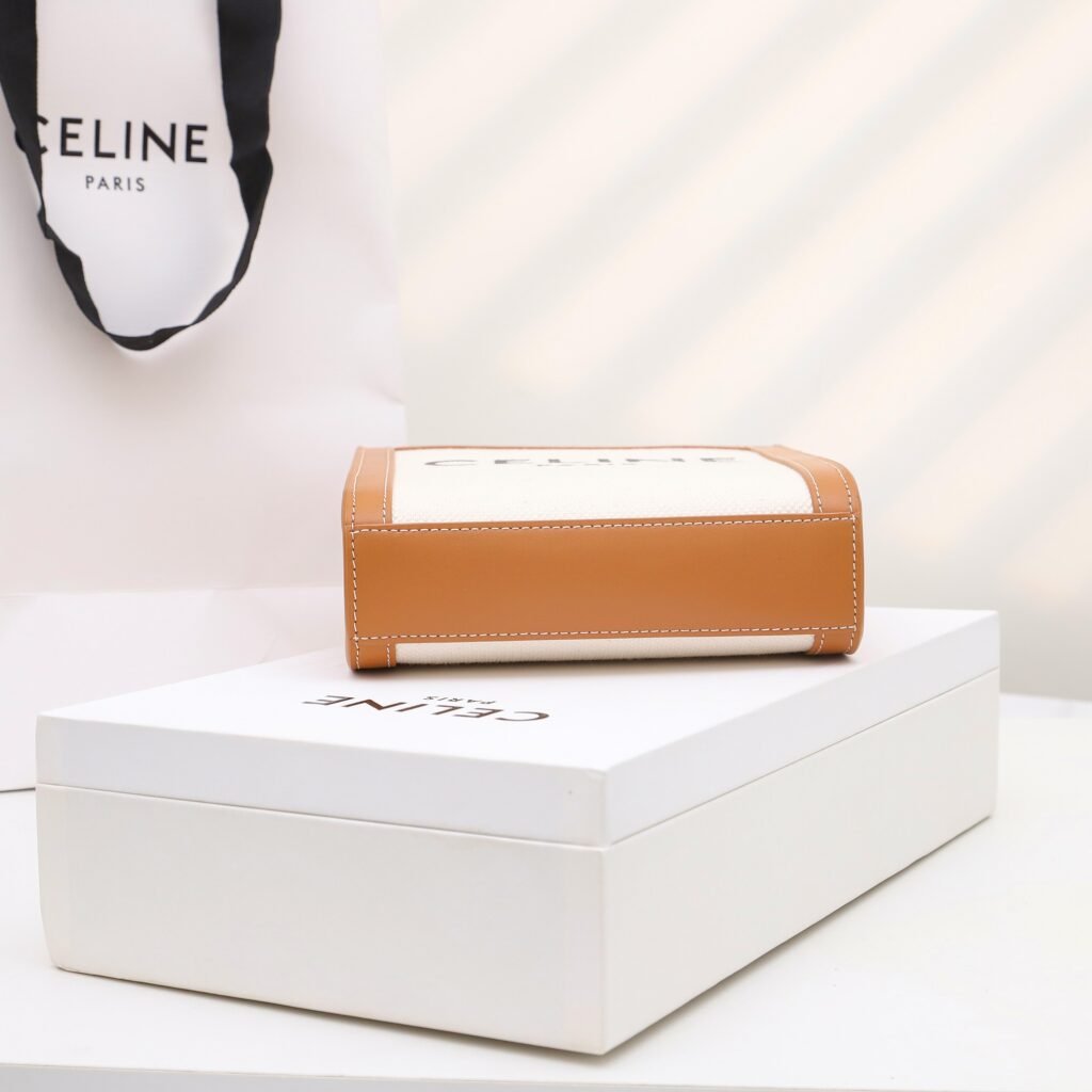 Celine Mini Vertical Cabas Tote Bag 17x21cm Textile and Calfskin Tan/White Handbag – Image 6