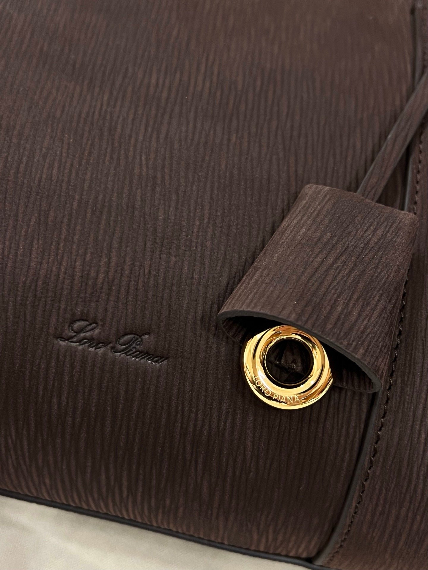 Loro Piana Loom L32 Handbag 33cm Dark Brown Grained Calfskin Leather Tote with Signature Gold Padlock and Key