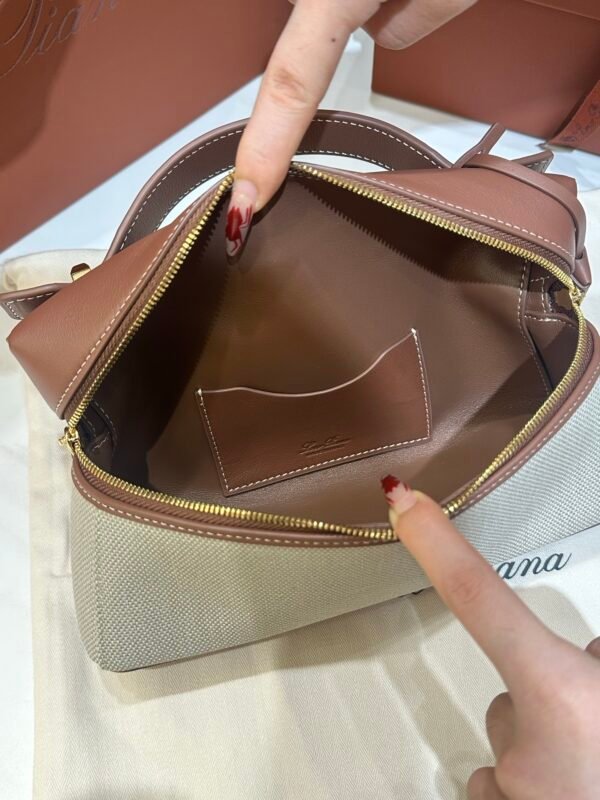 6 Loro Piana Extra Bag L23 Caramel Leather & Linen Canvas Crossbody Handbag 23cm for Women Top-Handle Bag with Signature Charms