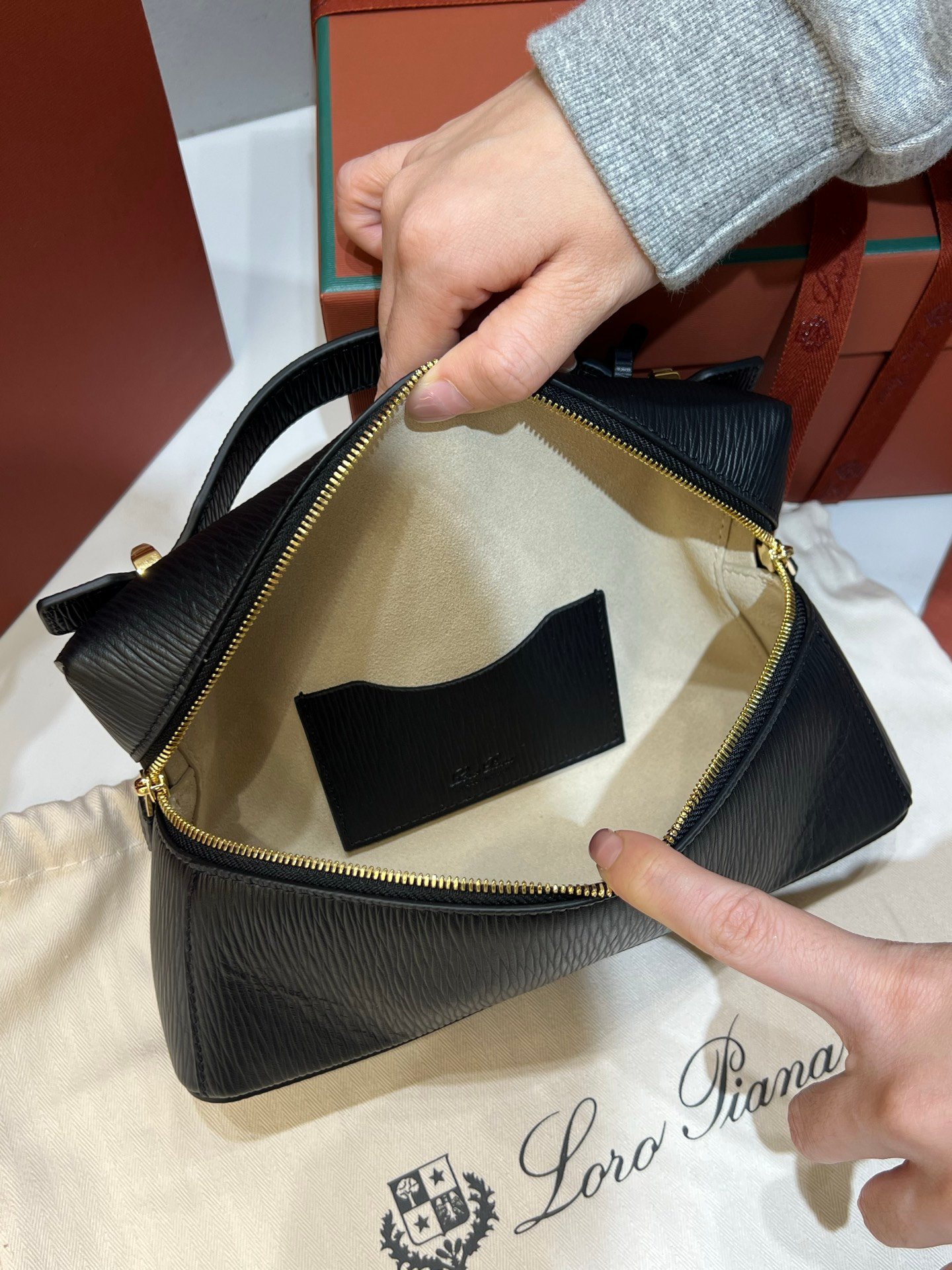 Loro Piana L23 Extra Handbag 23cm Black Textured Leather Minimalist Shoulder Bag with Gold Hardware and Gift Box Loro Piana L23 Extra Handbag 23cm Black Textured Leather Minimalist Shoulder Bag with Gold Hardware and Gift Box