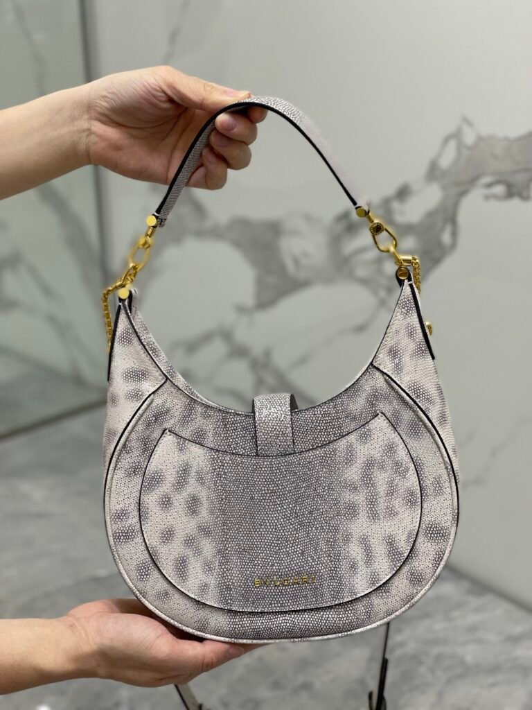 BVLGARI Serpenti Ellipse Calf Leather Shoulder Bag Pink Silver Metallic Half-Moon Crossbody Bag – Image 2