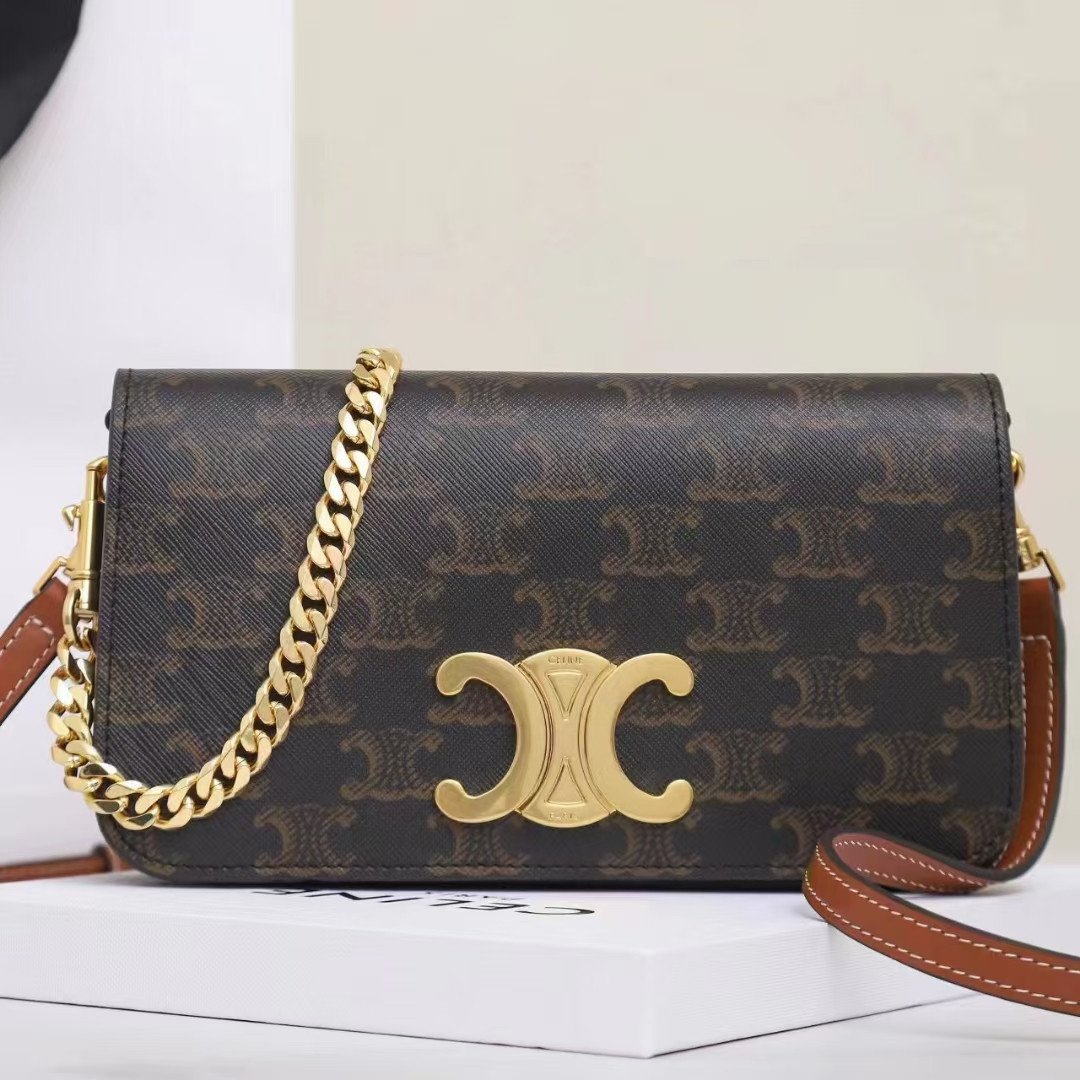 CELINE Triomphe Canvas and Calfskin 3-in-1 Chain Shoulder Bag 20.5cm Parisian Chic Crossbody and Underarm Bag 6