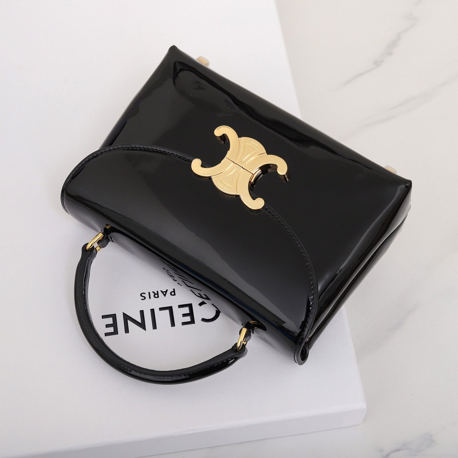 CELINE Triomphe Mirror Patent Leather Top Handle Bag 20cm Calfskin Small Trapezoid Kelly Handbag Crossbody Shoulder Purse 6