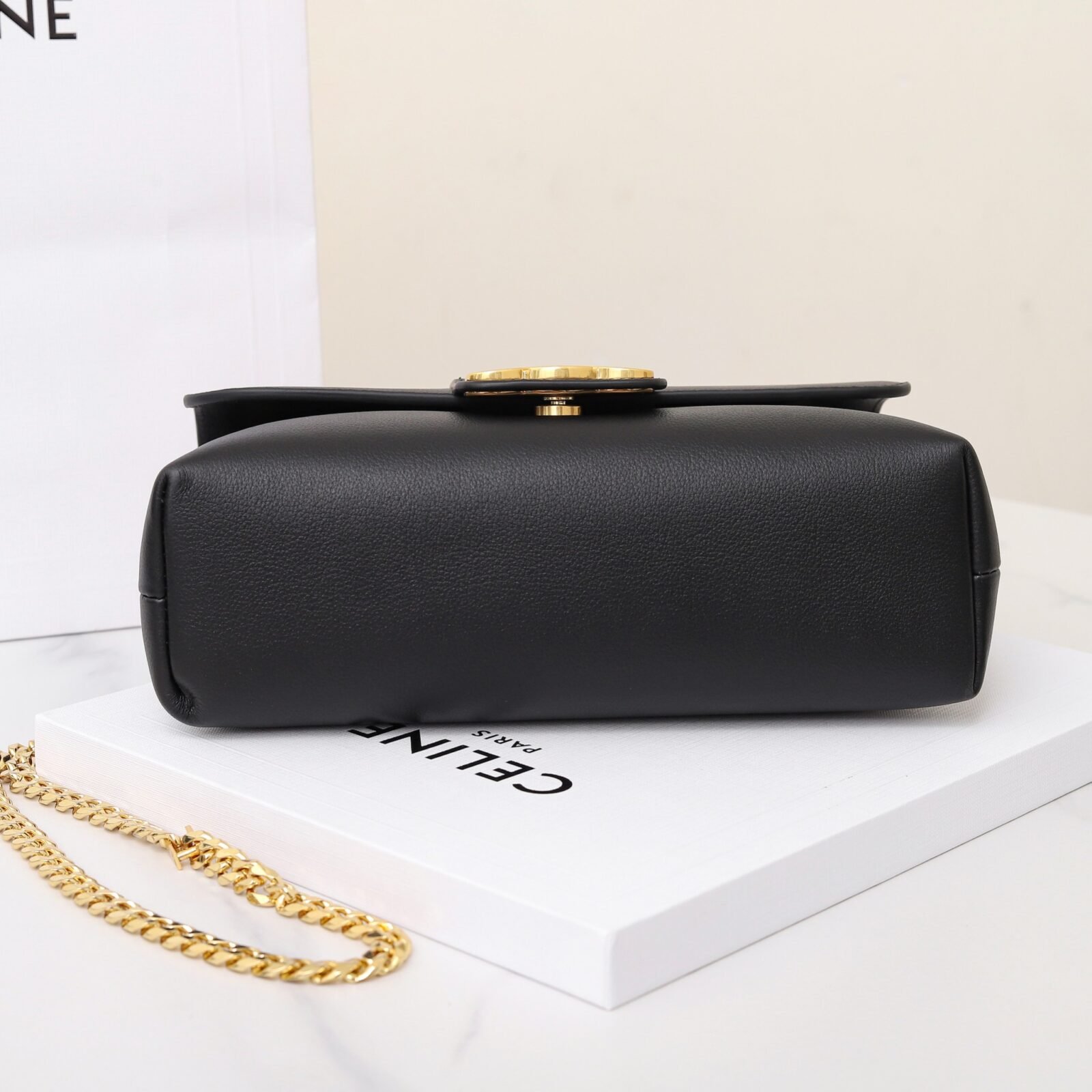Celine Triomphe Chain Bag 25cm Supple Calfskin and Signature Canvas Medium Flap Shoulder Bag with Gold-Tone Hardware 6