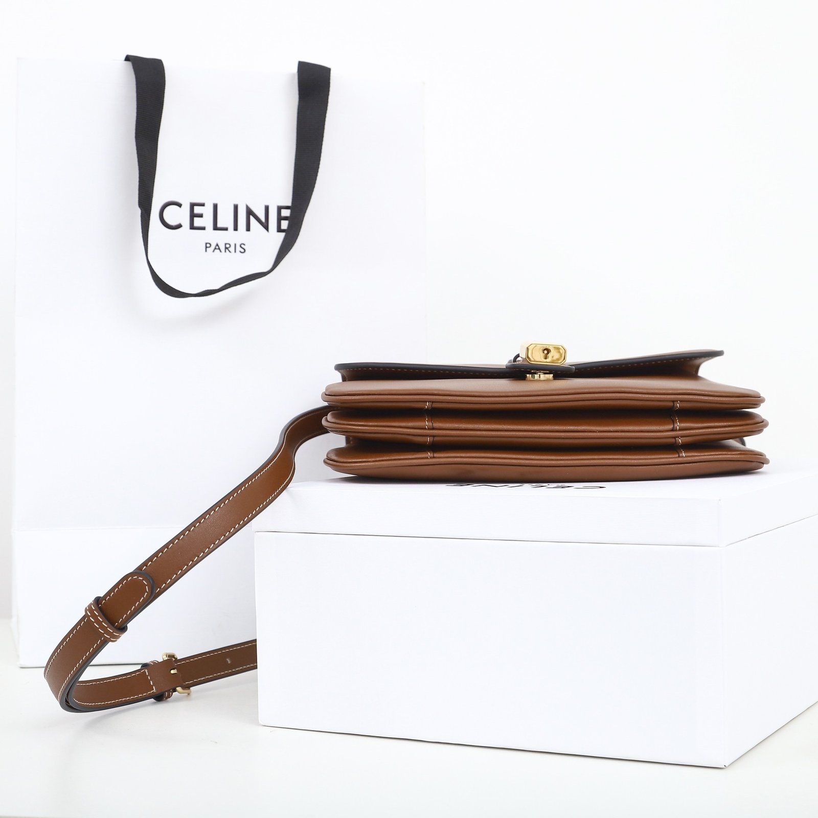 CELINE TABOU Medium Shoulder Bag 22cm Smooth Tan Calfskin Vintage Inspired Crossbody Bag with Gold Padlock Hardware 6