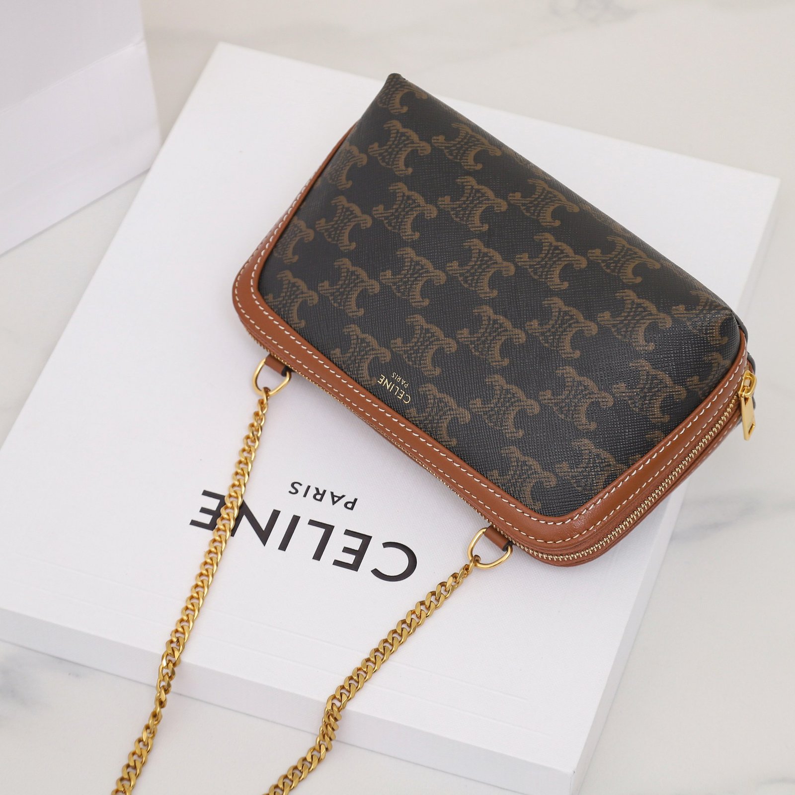 CELINE Triomphe Canvas and Calfskin Mini Chain Clutch Bag Italian Leather Shell Pouch for Women Crossbody Shoulder Bag 6