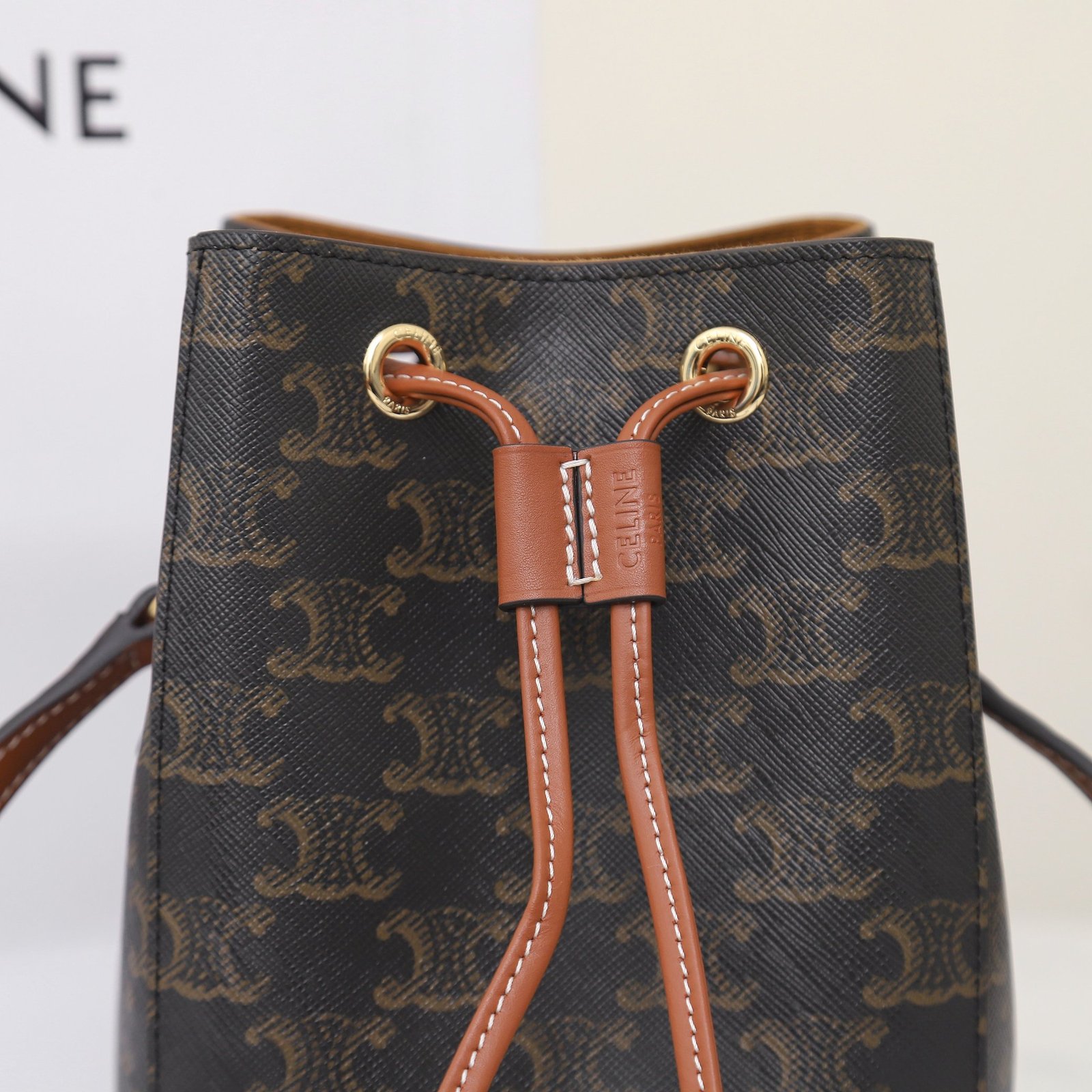 Celine Small Bucket Bag 13.5cm Brown Triomphe Canvas Crossbody with Adjustable Strap Compact Designer Everyday Purse 6