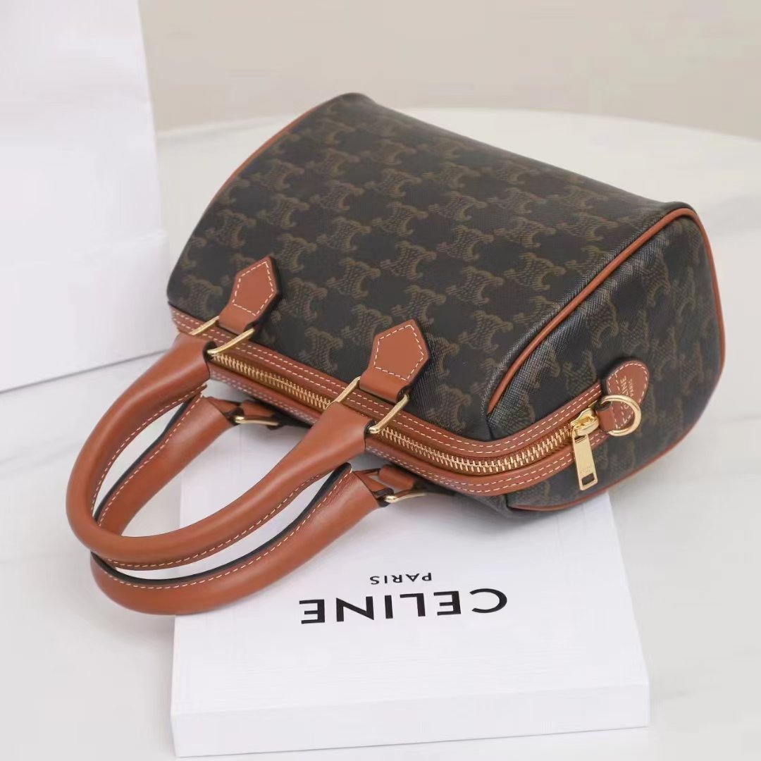 CELINE Small Boston Bag Triomphe Canvas and Calfskin Vintage Monogram Handbag Tan Crossbody Bag with Strap 6