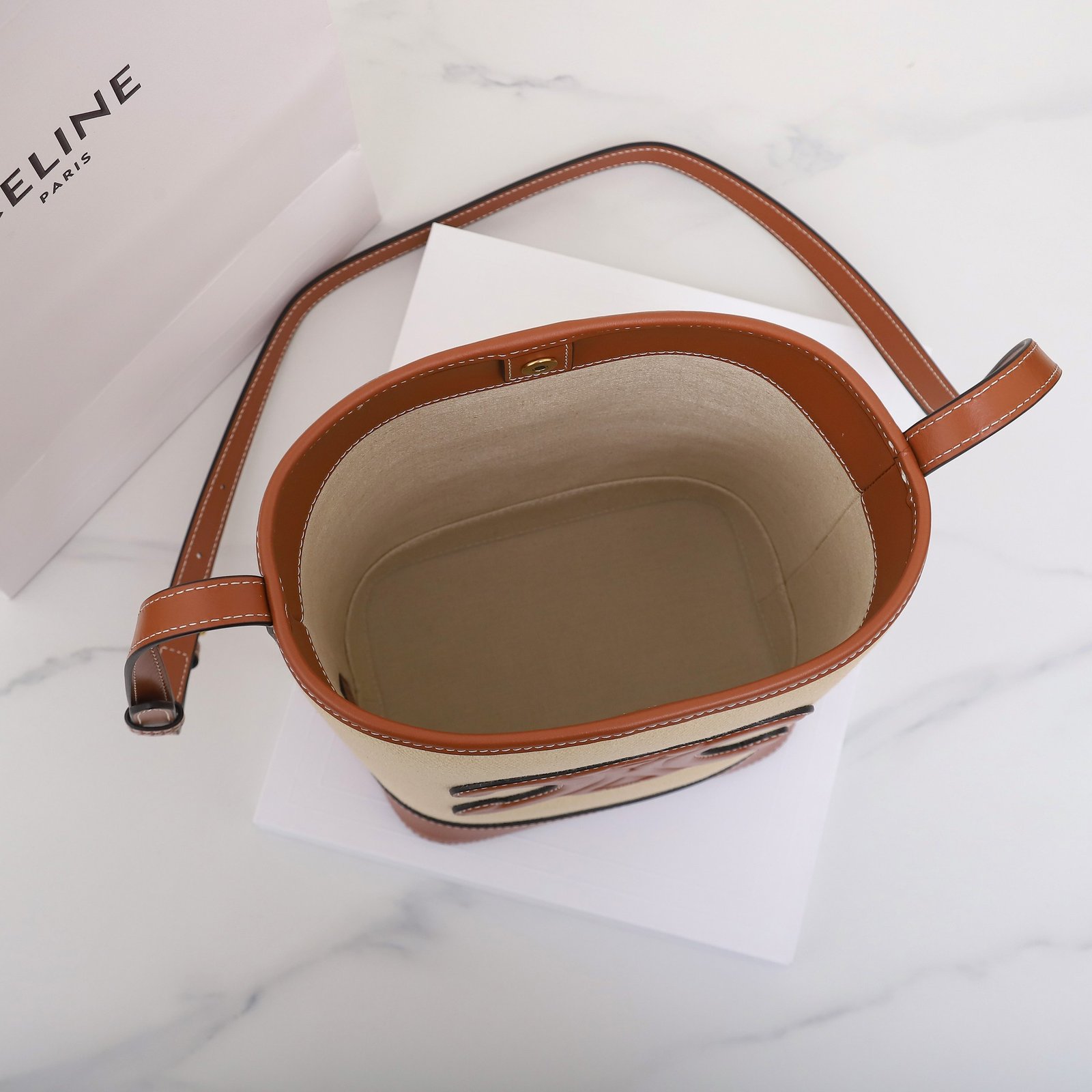 CELINE Triomphe Small Bucket Bag 22x17cm Canvas and Calfskin 3D Logo Shoulder Bag for Women Tan and Black 7