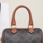 CELINE Small Boston Bag Triomphe Canvas and Calfskin Vintage Monogram Handbag Tan Crossbody Bag with Strap 7