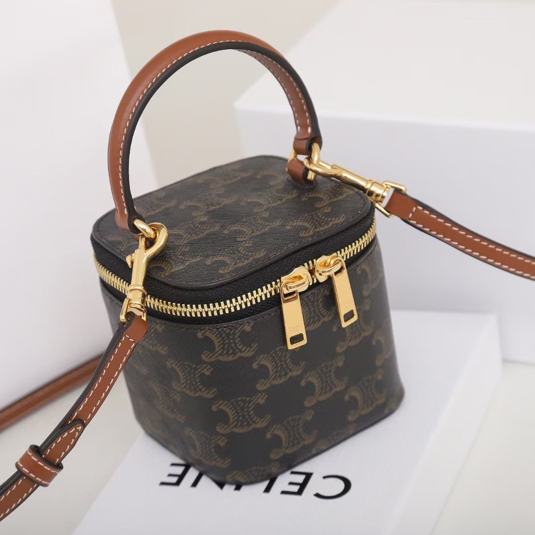 CELINE Mini Vanity Case 9.5cm Triomphe Canvas with Calfskin Leather Small Crossbody Vanity Box Bag 7
