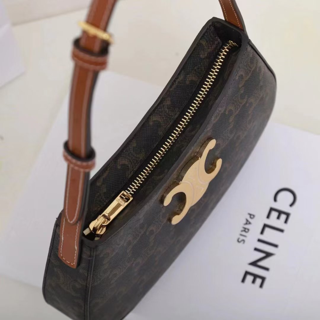 CELINE Triomphe Canvas and Calfskin Ava Bag 22cm Tan Underarm Shoulder Bag Premium Leather Hobo Bag 7