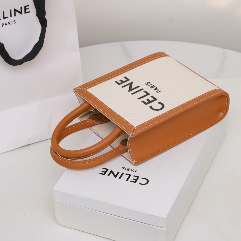 Celine Mini Vertical Cabas Tote Bag 17x21cm Textile and Calfskin Tan/White Handbag &ndash; Image 7
