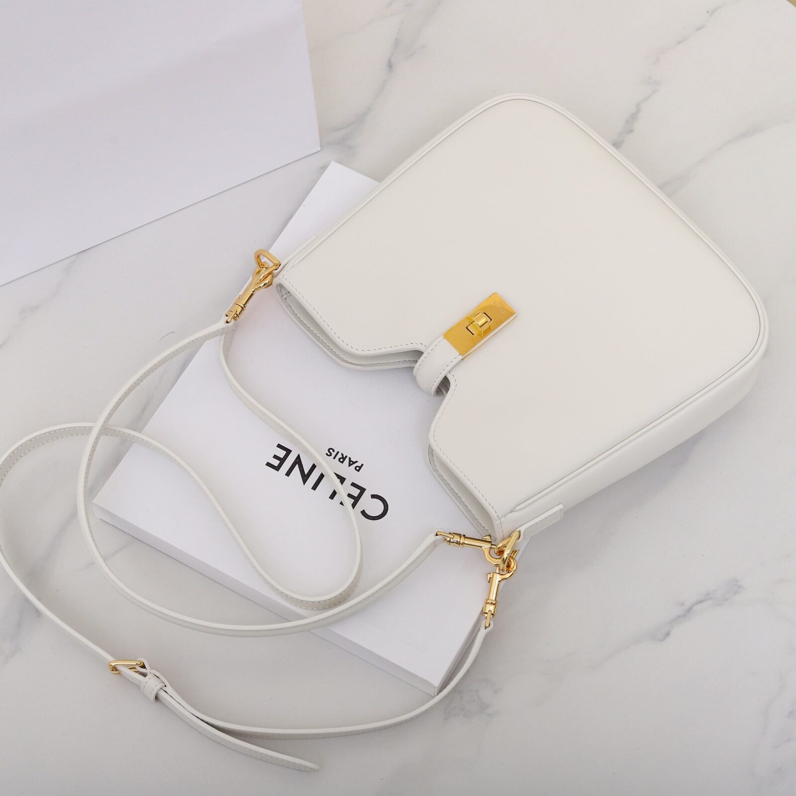Celine Calfskin Shoulder Bag 24.5cm Minimalist Crossbody Handbag with Gold Hardware Twist-Lock 2025 7